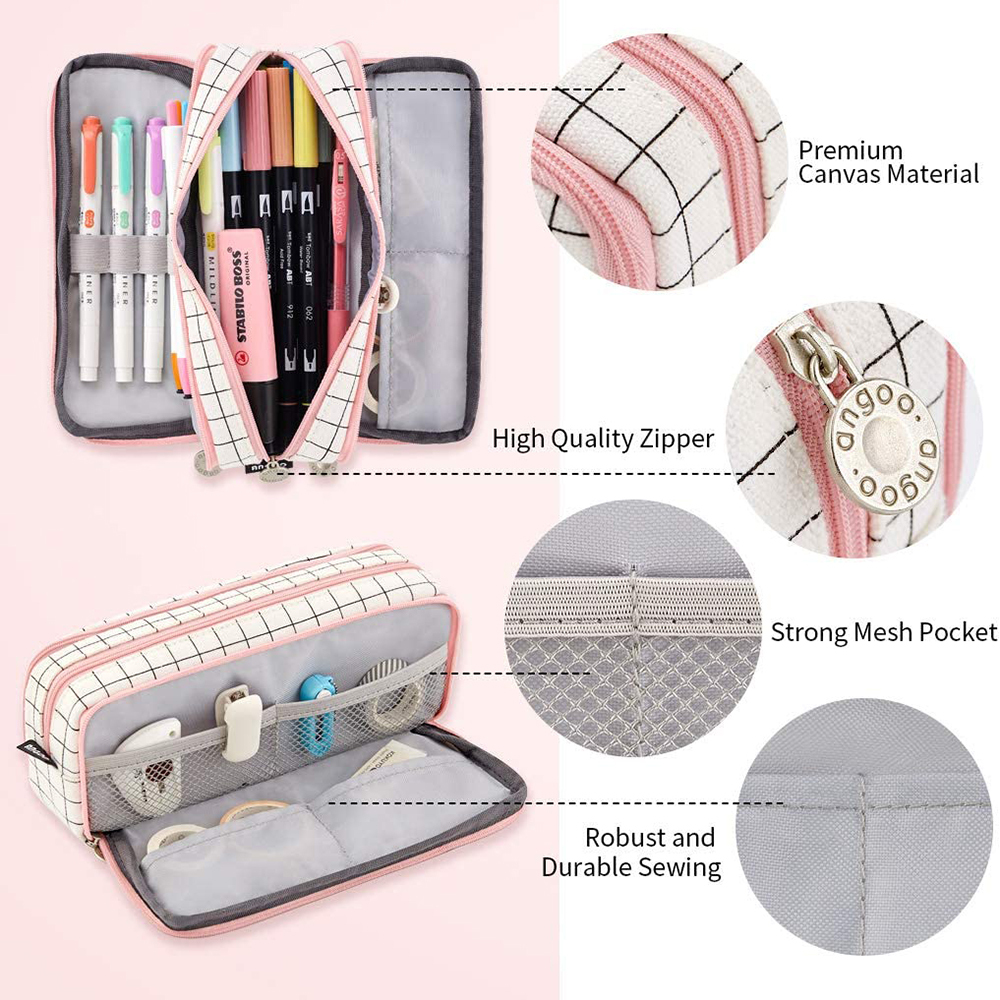 Portable Large Pencil Case Big Capacity 3 Compartments Canvas Pencil Pouch - Picture 8 of 50