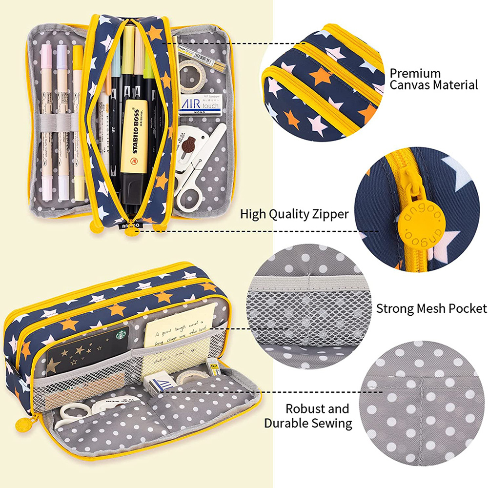 Portable Large Pencil Case Big Capacity 3 Compartments Canvas Pencil Pouch - Picture 15 of 50
