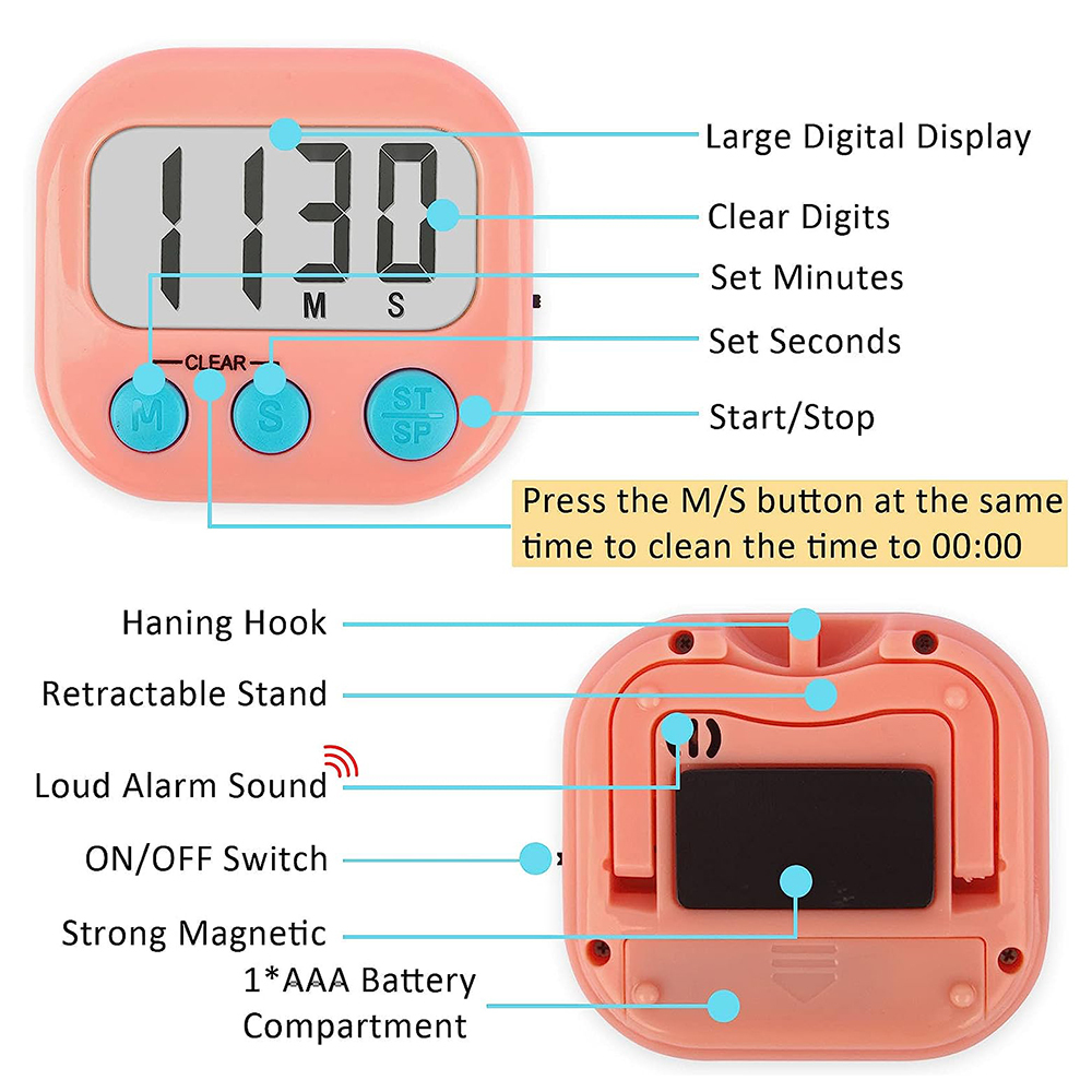 2 Pack Digital Kitchen Timer for Cooking Big Digits Loud Alarm Magnetic Backing - Picture 8 of 33