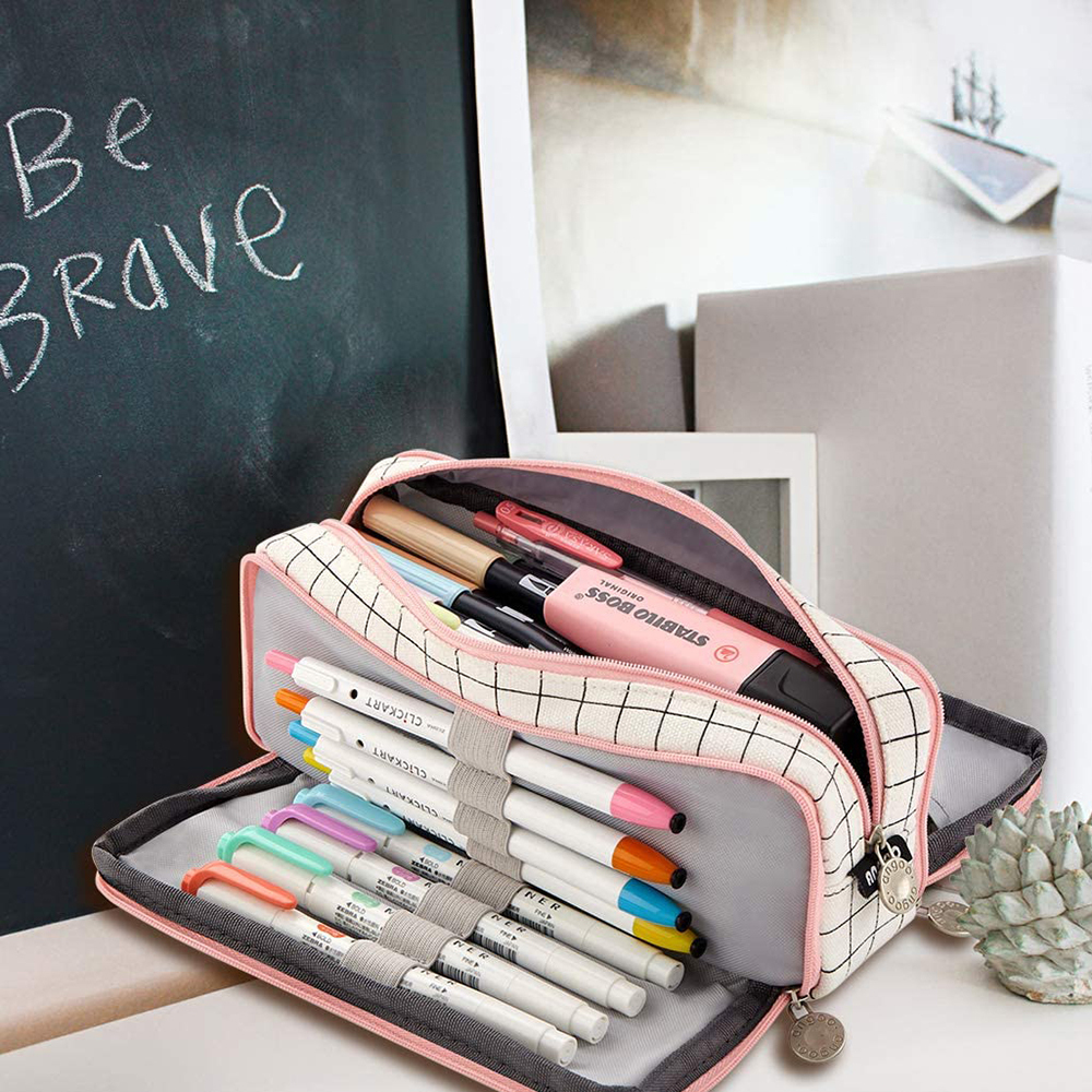 Portable Large Pencil Case Big Capacity 3 Compartments Canvas Pencil Pouch - Picture 12 of 50