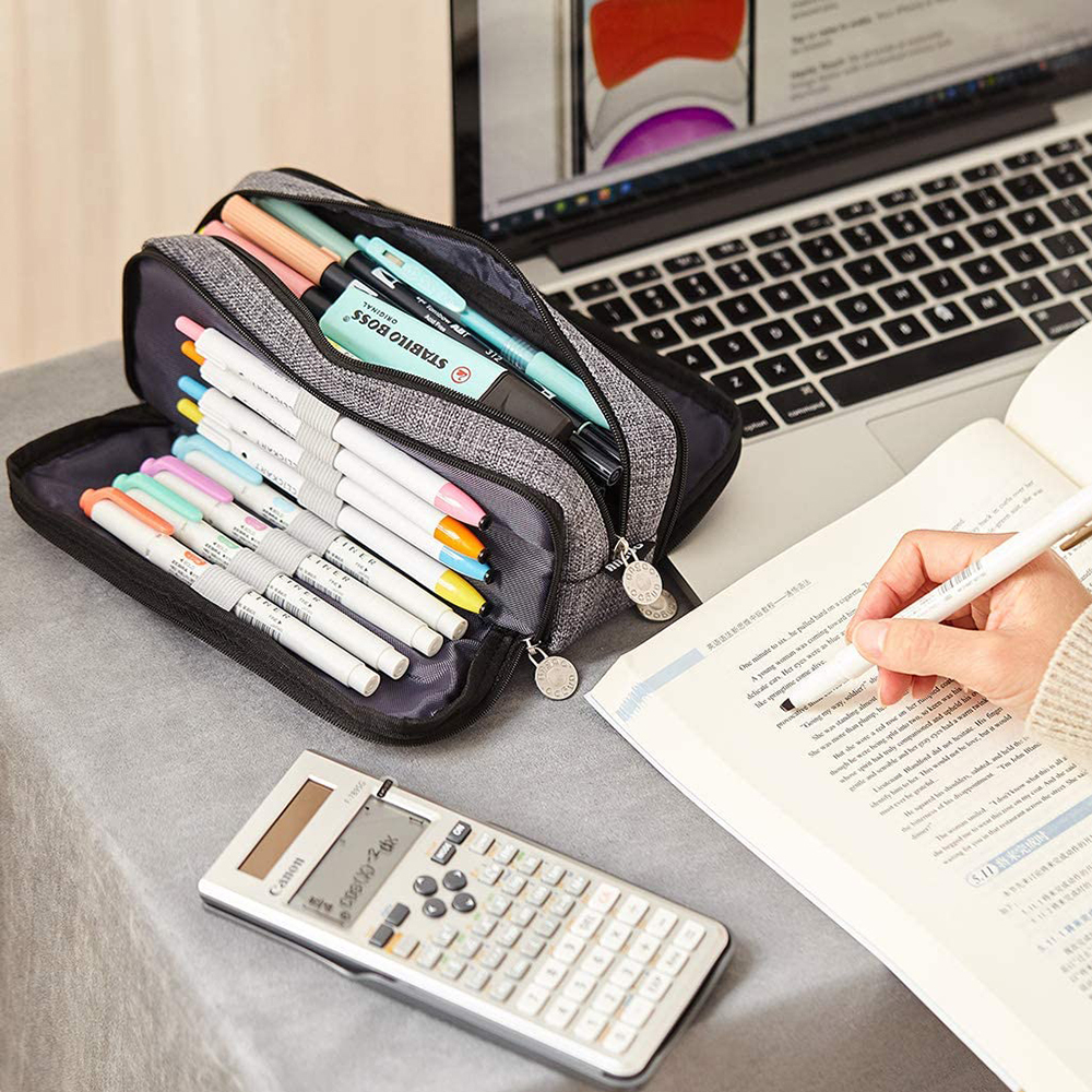 Portable Large Pencil Case Big Capacity 3 Compartments Canvas Pencil Pouch - Picture 32 of 50