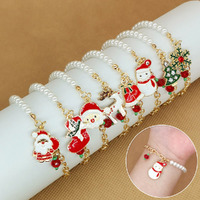 8Pcs Christmas Bracelets Gold Color Imitation Pearl Santa Claus Pendant Bracelet