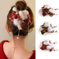 3 Pack Christmas Hair Claw Clip For Girl Checkered Bow Hair Clip With Furry Bell