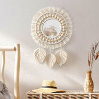 Hanging Wall Mirror-Boho Macrame Fringe Round Decorative Mirror With Wood Beads Feather Pendant