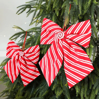 2Pcs Christmas Bow Ornaments Red and White Candy Striped Bows with Hanging Loop