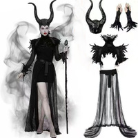 Halloween Dark Queen Maleficent Themed 4 Set Horn Headpiece Feather Gloves Long Mesh Cape
