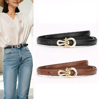 2Pcs Women Skinny Leather Belt For JeansDresses Ladies Fashion Waist Belt With Shiny Gold Buckle