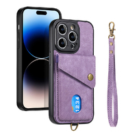 Lanyard Phone Case Wallet PU Flip Closure Wrist Holder iPhone Cases-Purple
