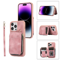 PU Leather Slot Phone Case Foldable Wallet Cover Cards Holder for iPhone-Pink