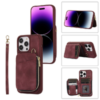 Leather Slot Phone Case Foldable Wallet Cover Cards Holder for iPhone-Wine