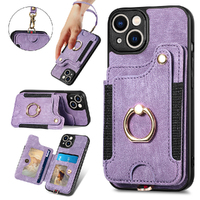 RFID Anti-Theft Brush Phone Leather Case Hanging Rope Ring iPhone Case-Purple