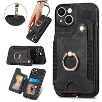 RFID Anti-Theft Brush Phone Leather Case Hanging Rope Ring iPhone Case-Black