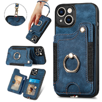 RFID Anti-Theft Brush Phone Leather Case Hanging Rope Ring iPhone Case-Navy Blue