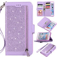 Zipper Pocket PU Leather Flip Wallet Case with 9 Card Slots for iPhone-Purple