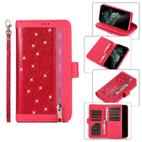 Zipper Pocket PU Leather Flip Wallet Case with 9 Card Slots for iPhone-Rose Red