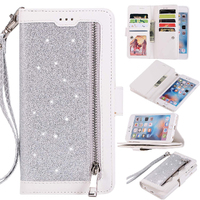 Zipper Pocket PU Leather Flip Wallet Case with 9 Card Slots for iPhone-Silver