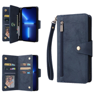 Zip Flip Card Wallet Phone Case For iPhone 11/12/13 Pro Max-Navy blue