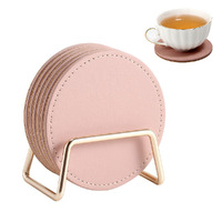 6Pcs Drink Coasters with Metal Holder PU Leather Coasters Cork Base Coaster Set
