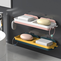 2 Pack Bathroom Double Row Drain Soap Box with Hook Home Wall Stick Soap Holder