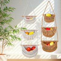 Hanging Fruit Basket 3 Tier Over The Door Organizer Handmade Jute Wall Baskets