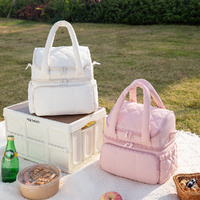 Travel Lunch Bag Women Double Deck Insulated Lunch Box Quilted Puffer Lunch Tote