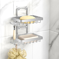 Double Bar Soap Holder For Shower Wall With 4 Hooks Stainless Steel Adhesive Bathroom Soap Dish